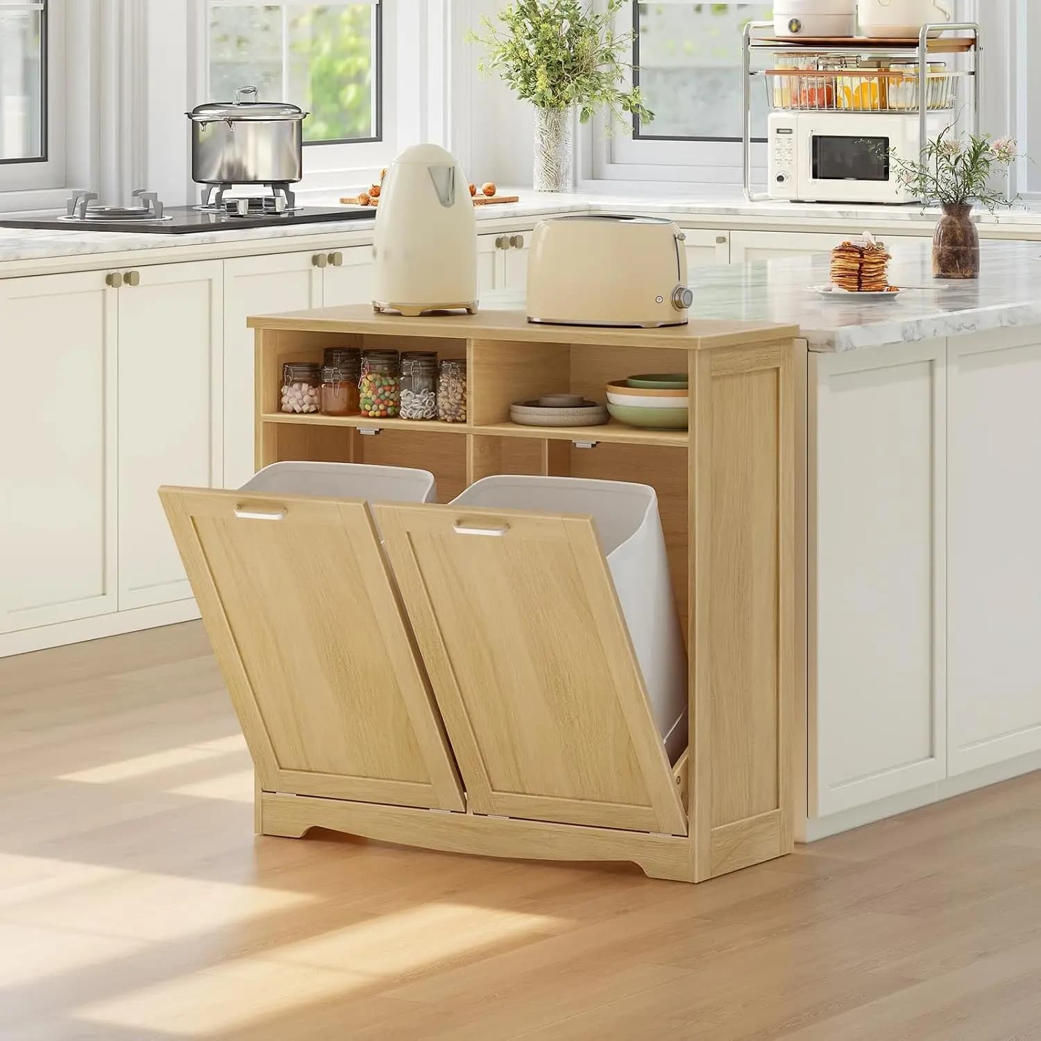 20 Gallon Double Tilt Out Trash Can Cabinet Hidden Garbage Recycling Bin Storage with Open Compartments Free Standing Kitchen Island Laundry Hamper for Dining Room Natural