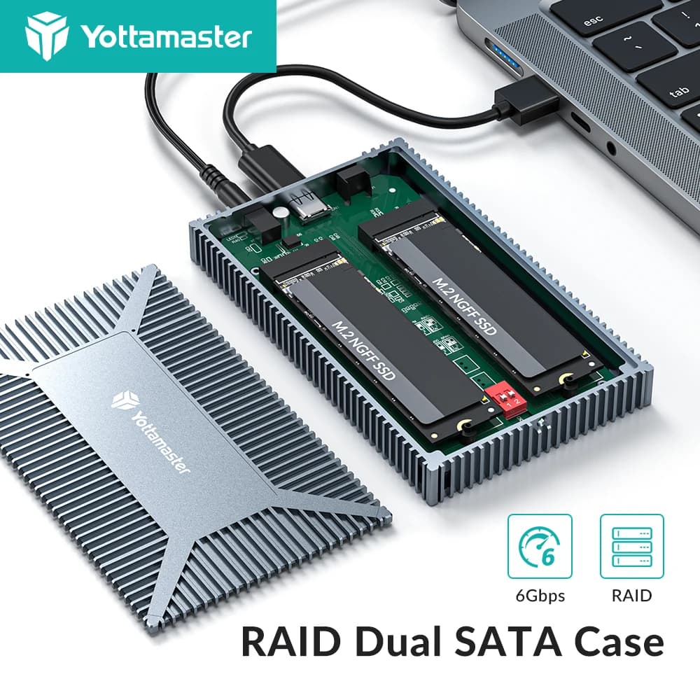 Yottamaster Dual Bay SATA RAID Enclosure 10gbps M.2 NGFF SATA SSD Case USB C custodia per disco rigido esterno supporto modalità RAID da 4TB