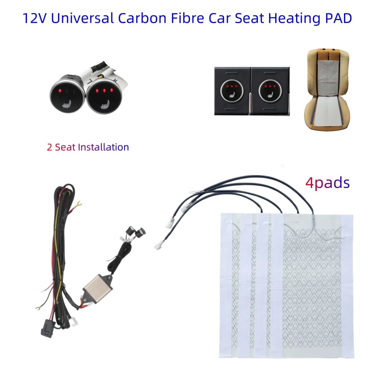 Integrated Car Seat Heater Universal Carbon Seat Heating Bearings 12V Double Round 3-Length Control Switch with Wiring as Winter Box
