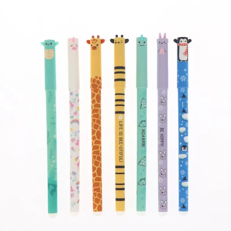 Set di 7 Penne Gel Cancellabili a Tema Animali (Ape, Coniglio, Giraffa) da 0,5 mm - Penne Colorate per Scuola e Ufficio