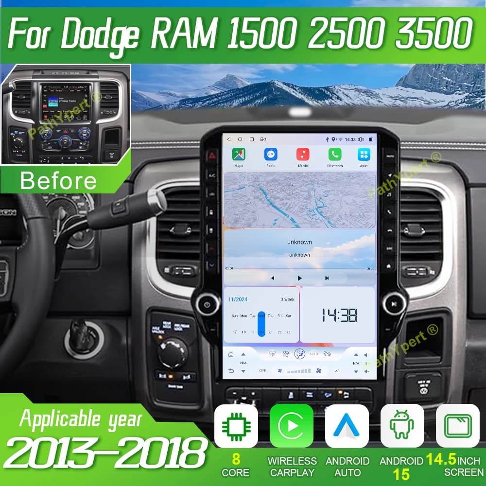 14.5"Qualcomm 6125 Chip Android 15 For Dodge RAM 1500 2500 3500 2013-2018 Multimedia Player Tesla Screen Wireless Carplay Stereo