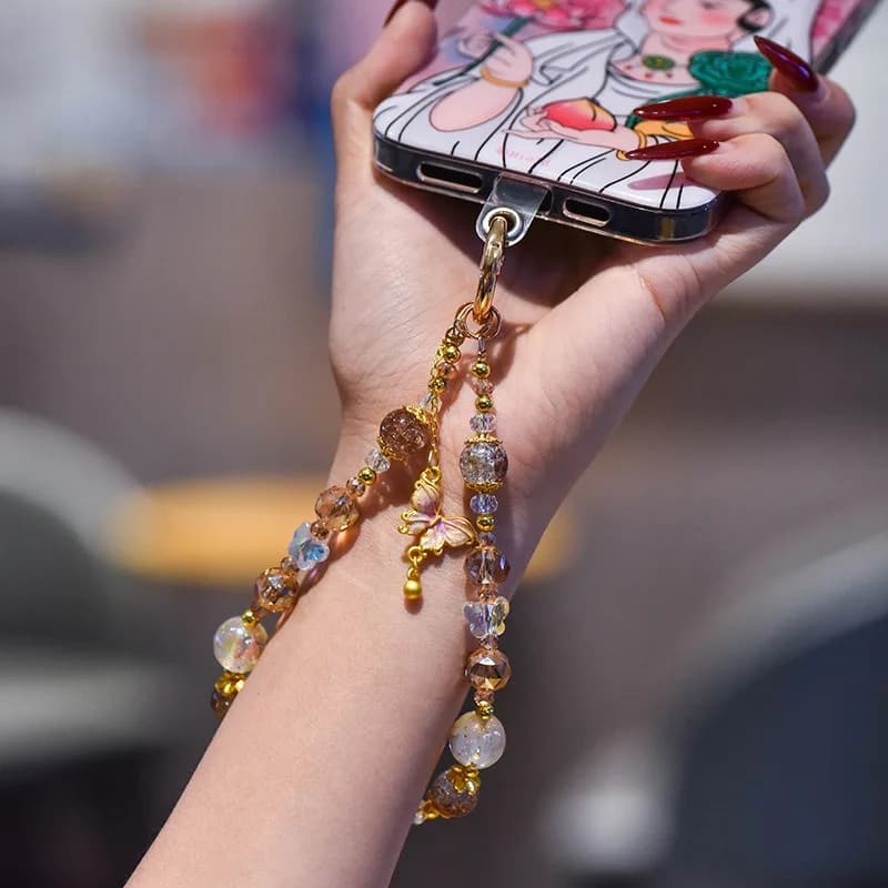 For Cell Phone Short Crystal Lanyard Strap Pendant Gold Leaf Handmade Beads Chain Luxury Anti-Lost Hand Rope Fashion Ornament
