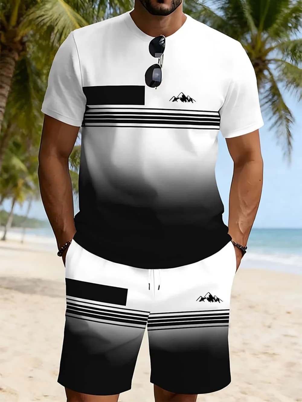 2026 Summer New Arrival Men's Casual Two-Piece Set Striped 3D Print Short-Sleeve Shirt and Athletic Shorts Set Men's Fitness Set