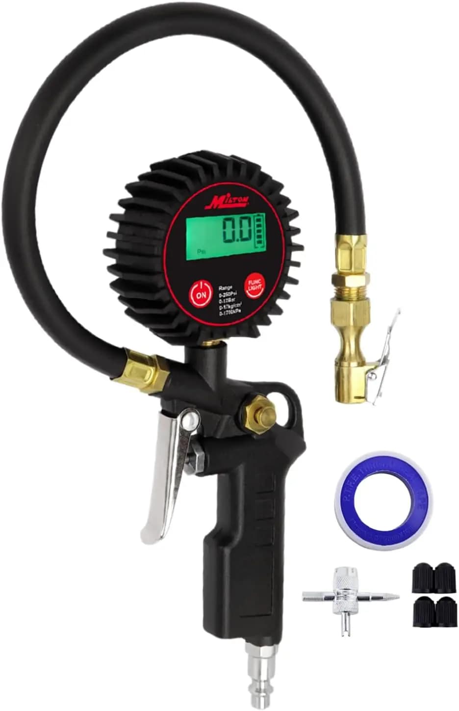 Digital Tire Inflator 250 PSI with Accurate Pressure Gauge, 14" Rubber Hose, Brass Chuck, Car Accessories
