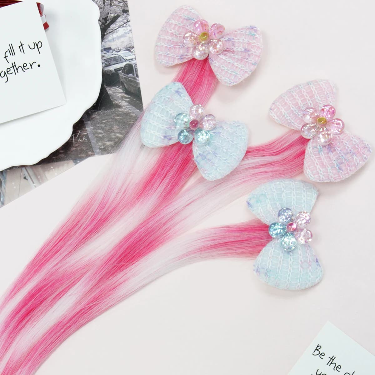 Autumn Fluffy Bow & Flower Hair Clip Extensions, Pink-White Two-Tone Synthetic Hair Barrettes, Sweet Hair Accessories