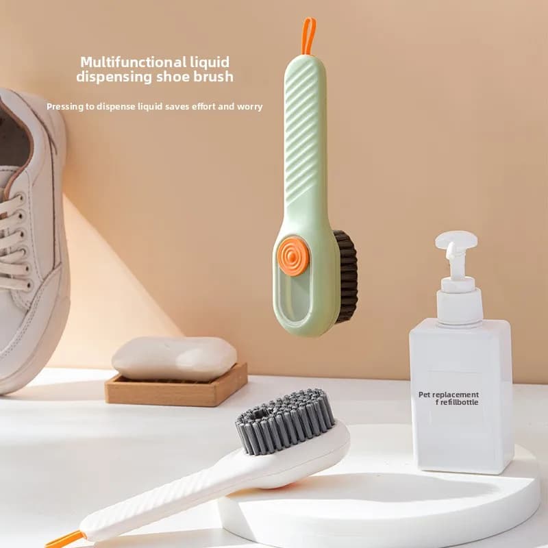 Multifunctional shoe brush for home use, press-to-dispense liquid shoe cleaning, press-type soft-bristle clothing cleaning brush