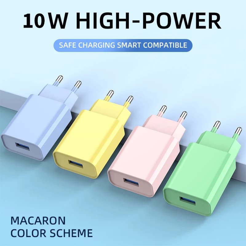 Caricatore USB da 10 W Adattatore per caricabatterie da muro con testa di ricarica rapida Alimentatore con spina UE USA Caricabatterie USB portatili da viaggio 5 V 2 A