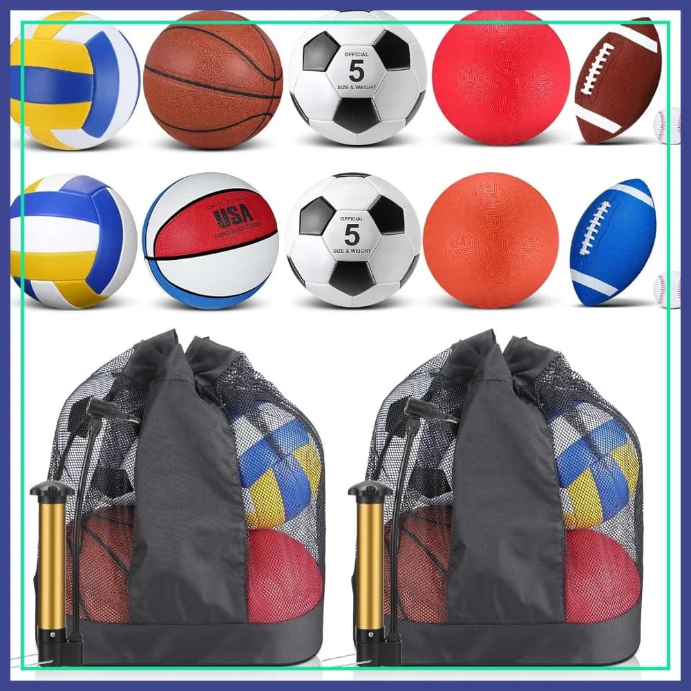 Set di 12 Palloni Sportivi con Pompa e Borsa per Giovani e Adulti: Basket, Calcio, Pallavolo, Baseball