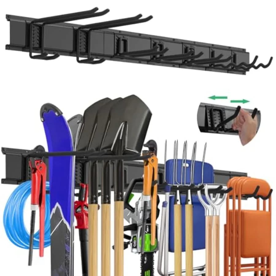 Organizzatore da parete per attrezzi da garage - Scaffale portaoggetti in metallo resistente da 236 kg con ganci regolabili per attrezzi da giardino e scope