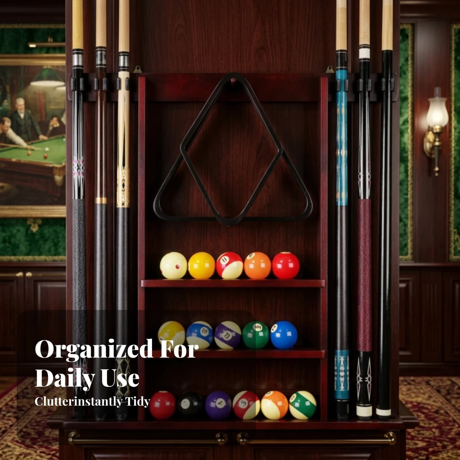 Game Room Storage Triangular Hanger Rectangular Frame Wall Mounted Cue Rack Pool Cue and Ball Rack