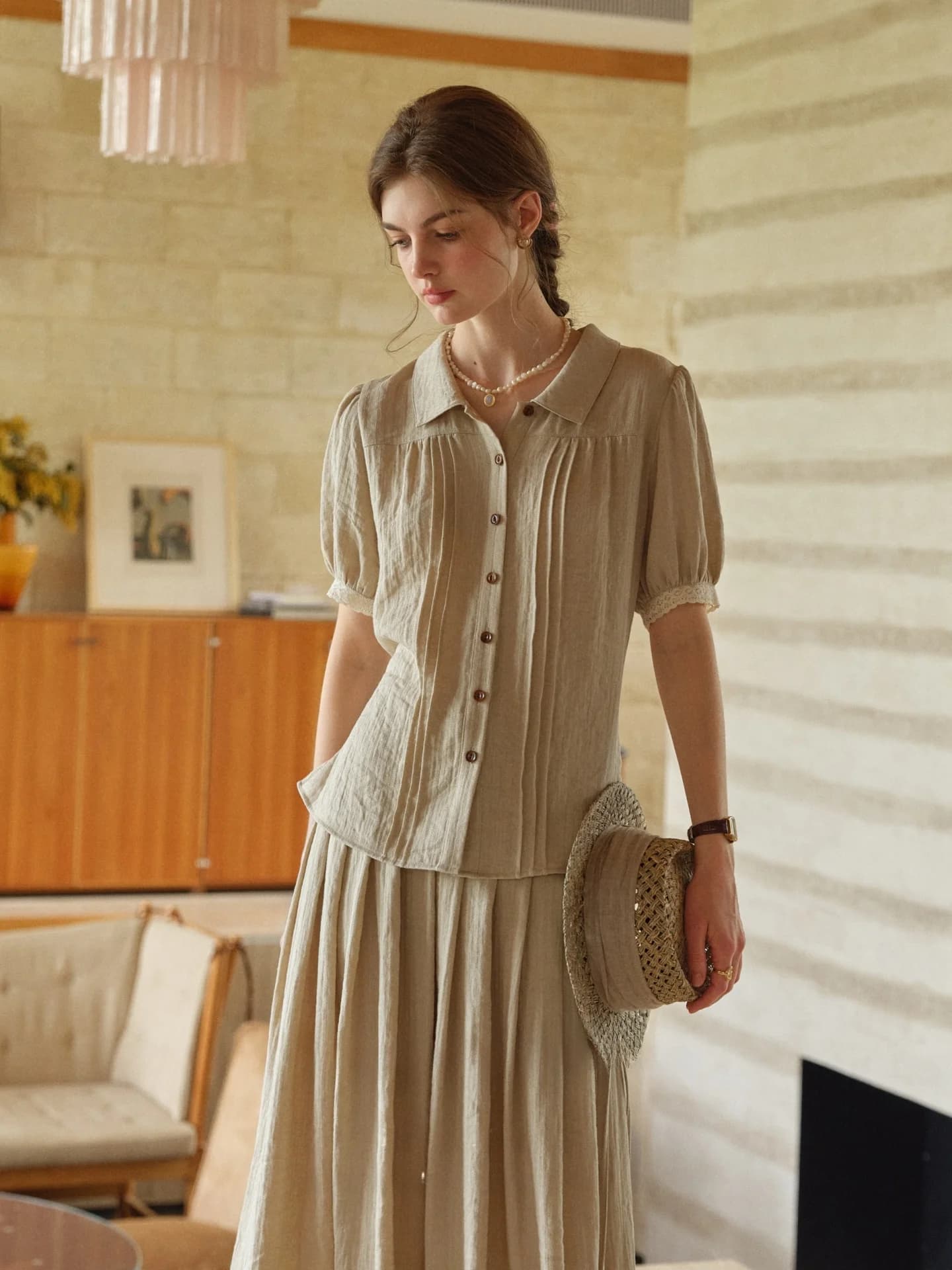 SimpleRetro Women's Linen Silk Bubble Sleeve Shirt Skirt Set High Waist Casual Spring Fashion Two-Piece Ensemble
