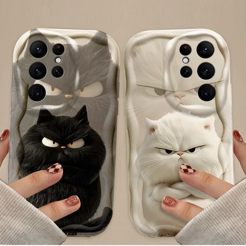Case with adorable expression black white orange cat for Samsung Galaxy S25 S24 Ultra S23 S22 S20 Plus FE A56 A36 A26 Cover undulating
