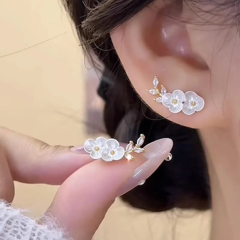 Orecchini a lobo con foglie e fiori per donne e ragazze, orecchini a lobo in stile coreano con strass e cristalli, per feste, banchetti, gioielli da regalo.