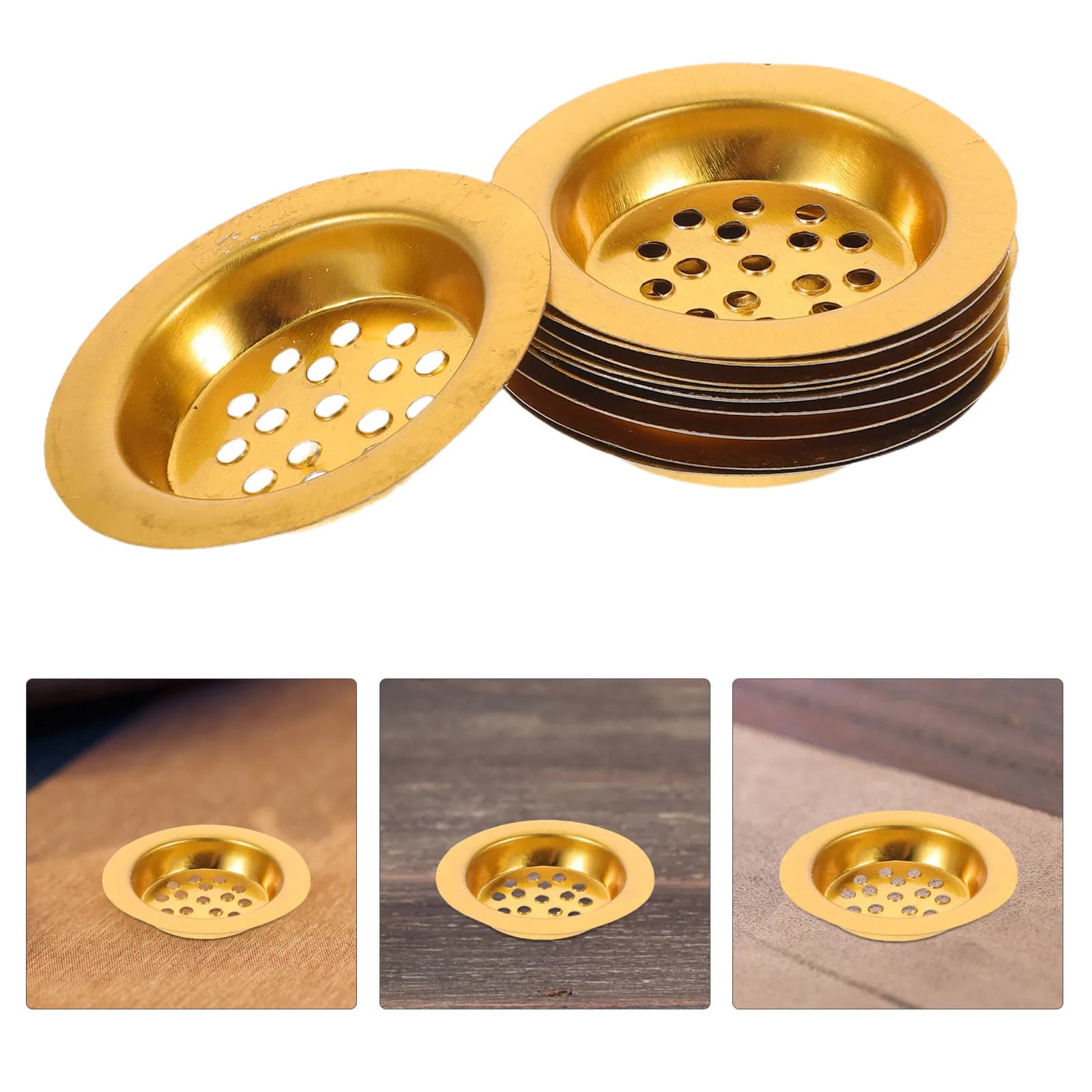 10 pz Bruciatore di Incenso Vassoio Inserto Tono Oro Tazza di Ferro Perforato Per Resina Oud Bakhoor Carbone Supporto Disco Incensiere Schermo -
