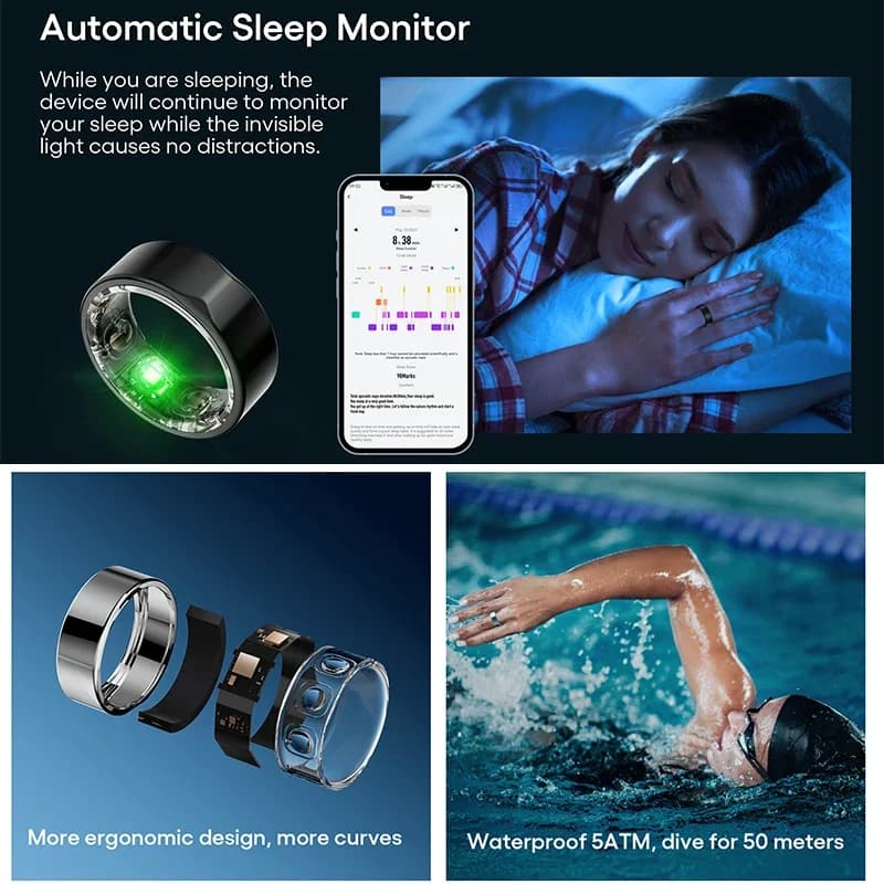 2026 J-Style 2301A Waterproof Stainless Steel Bluetooth Smart Health Rings Fitness Tracker for Men Women Girls Boy Couples Phone