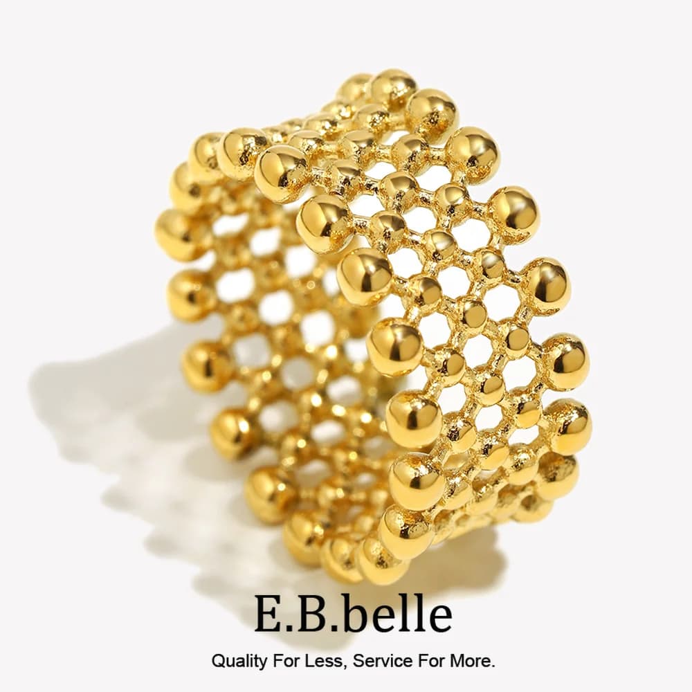 Anello a croce con rivestimento in rete a sfera piccola resistente all'acqua placcato oro 18 carati decorazione gioielli in acciaio inossidabile 316L