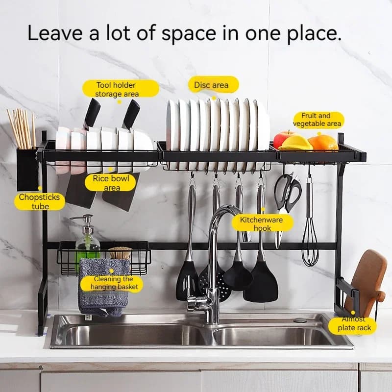 65/85cm Stainless Steel Dish Rack Drainer Kitchen Storage Drying Shelf Tray Over Sink Utensil Holder Drain Kitchen Organizer