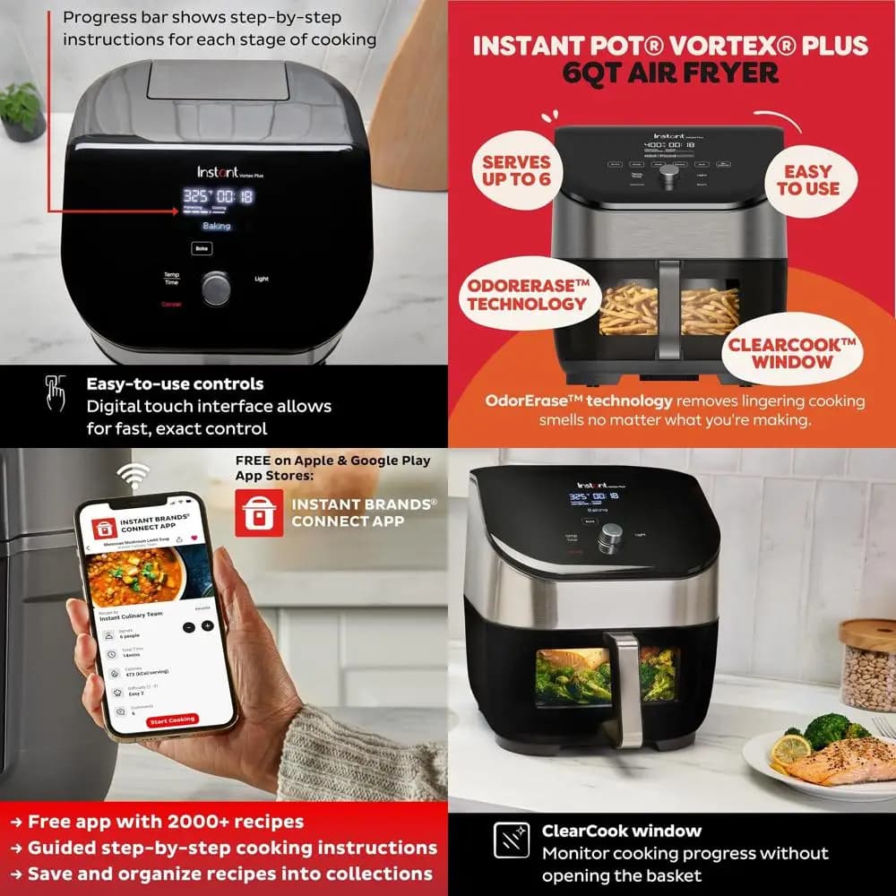 6 Liters Air Fryer with Remove Odori Function, 6 Cooking Mode: Crunchy, Roasted, Grilled, Dehydration, Baking, Heating, Over 100 Recipes, 1700W, Black