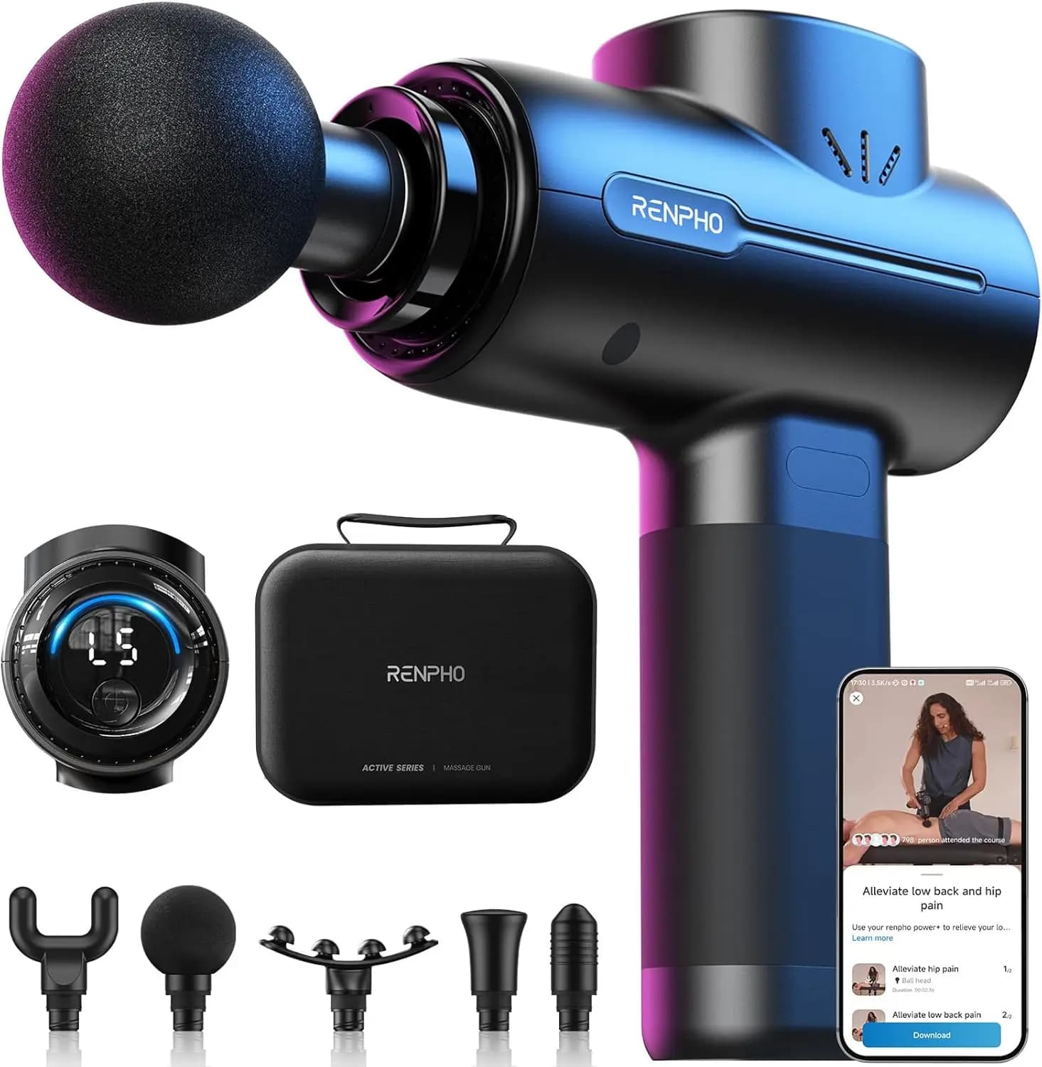 Percussion Massage Gun, 5 Speeds for Back Neck Muscle Recovery, App Controlled with Guided Courses, Carry Case for Athletes Gym Travel, Gifts for Men Women