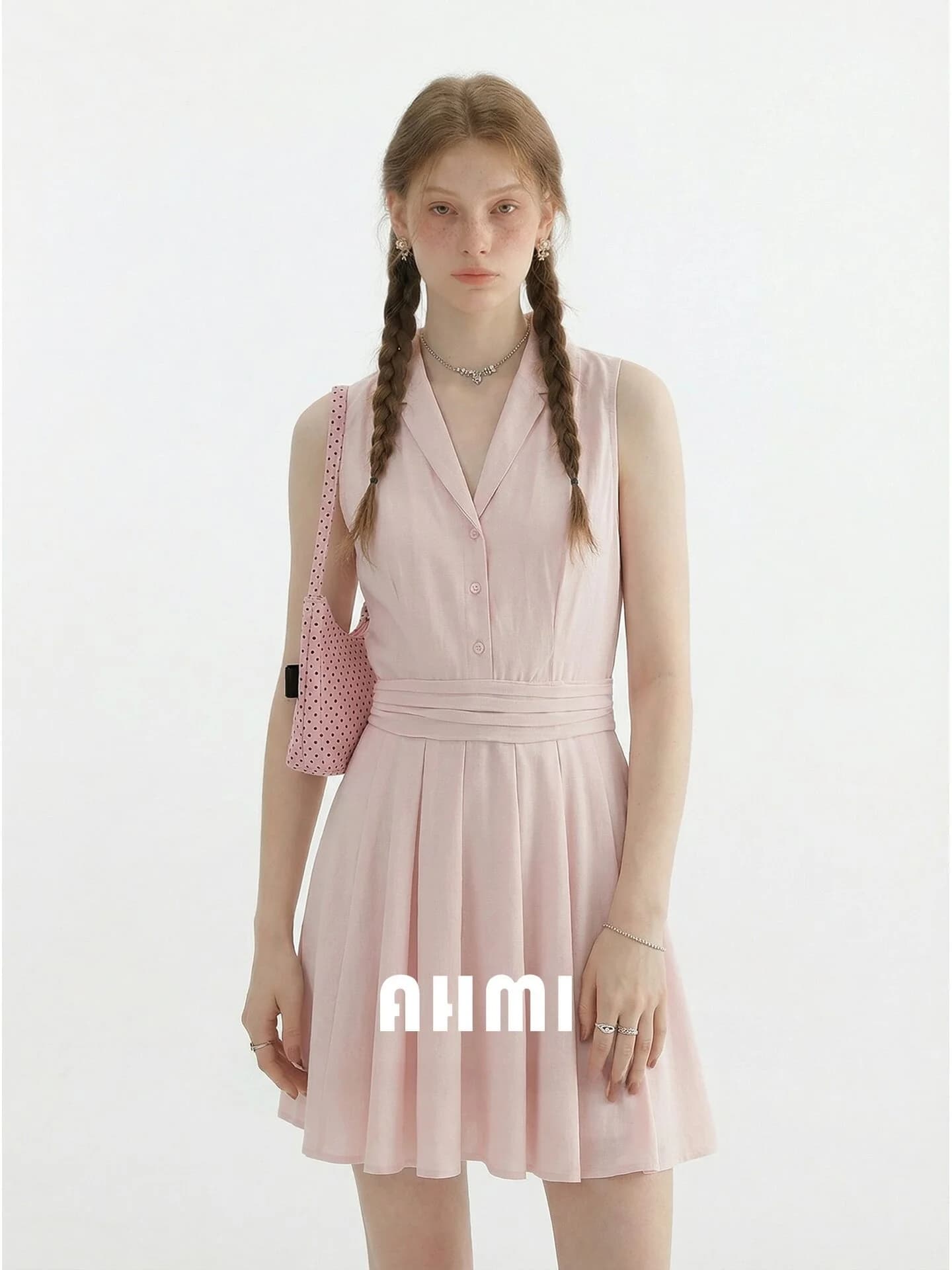 AHMI Abito Estivo Rosa Gauzy Stile Camicia con Vita a Contrasto, Nuova Eleganza 2026, Gonna Corta da Donna, Stile Commuter