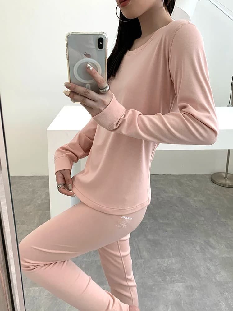 Warmth Pure Color Macar Velvet round Neck Long Sleeve Women's Thermal Underwear Pants Set Winter New Style Simple Design