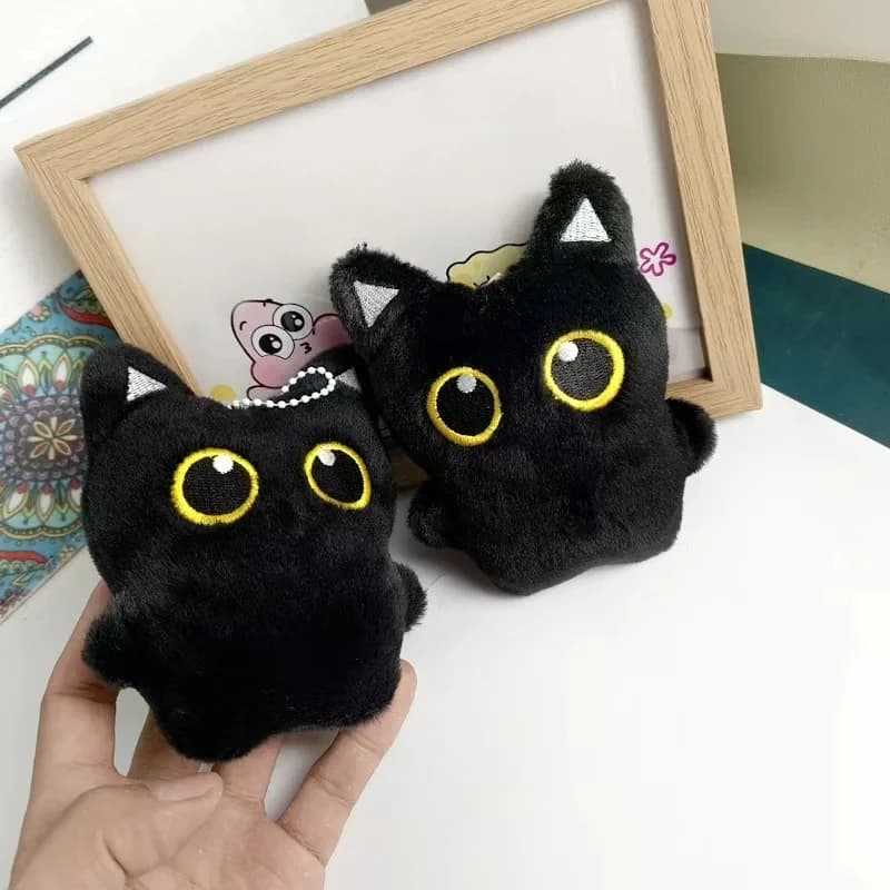 Portachiavi Peluche Gatto Nero Carino, Ciondolo Morbido a Forma di Gattino Cartone Animato, Decorazione per Auto, Zaino e Borsa