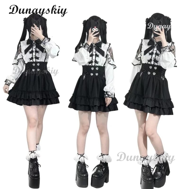 Jirai kei Outfit Lolita Dress Ragazze Camicetta Top Camicia a maniche lunghe da donna Kawii Bow Gonne nere Camicia Y2K Dolce stile giapponese
