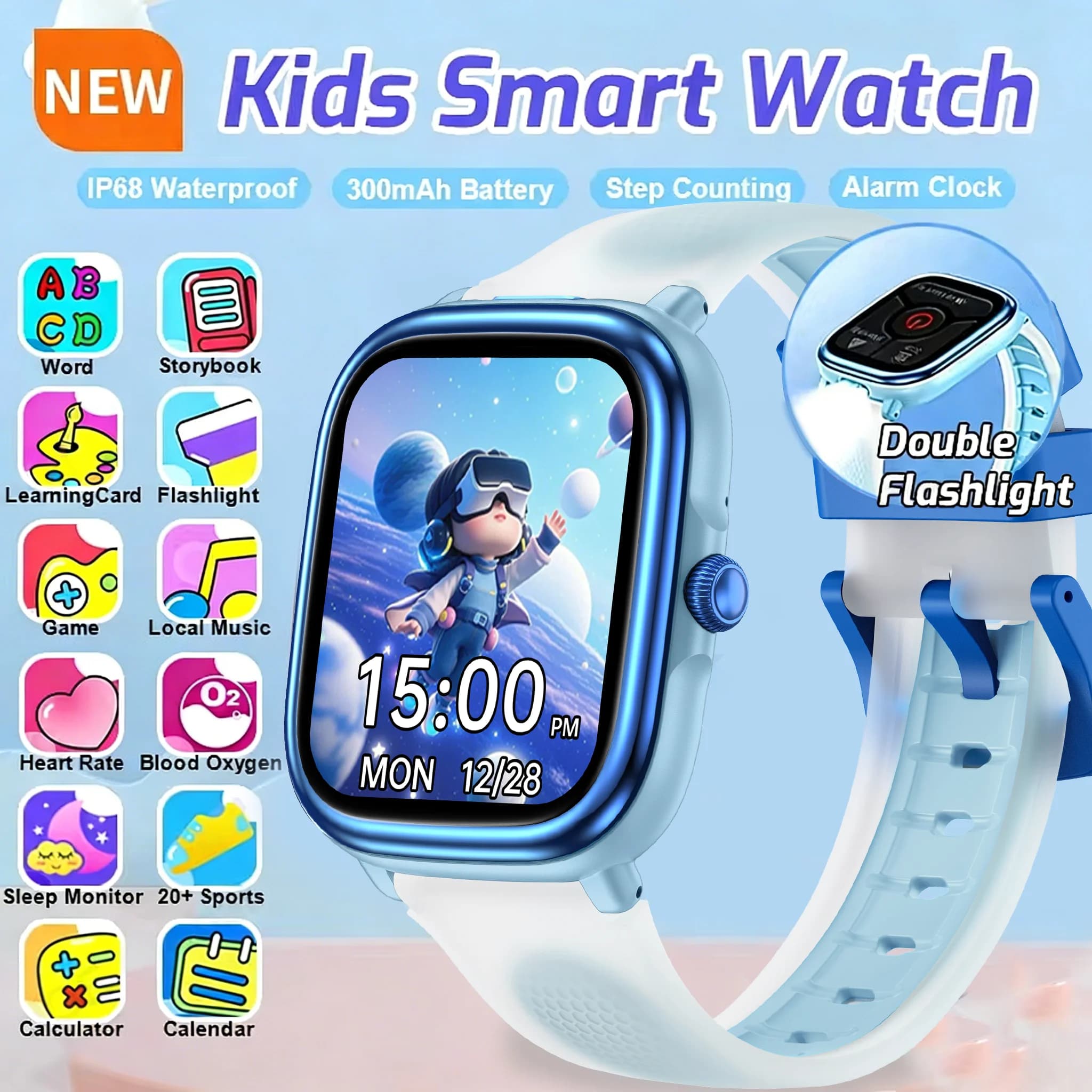 Nuovo Smartwatch per Bambini con Display da 1,83\", Giochi Puzzle, Monitoraggio del Sonno, Sveglia, Torcia, Regalo per Ragazzi e Ragazze