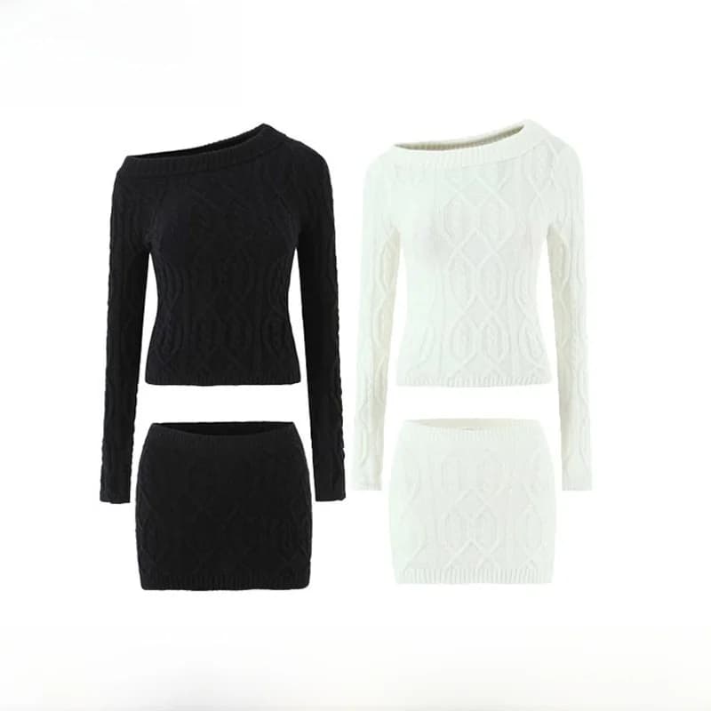 Early Autumn New Arrival Women's Fashion Slim Fit Knitted Twist Sweater And Half Skirt Set Polyester Fiber Long Sleeve Short ...