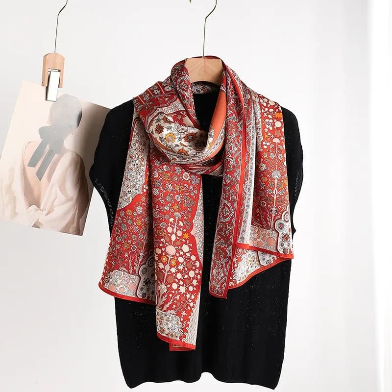 Sciarpa Lunga 100% Seta di Gelso per Donna, Grande Sciarpa Ovale per Copricapo e Collo - Foulard Ovale per Capelli, Confezione Regalo, Stampa Rosso Corallo