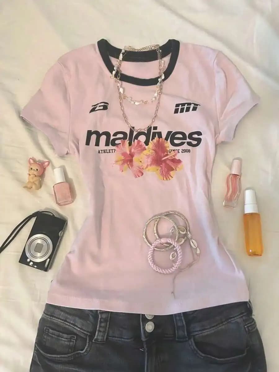 Women's Casual Fashion Street Daily Commute Letter Print Contrast Round Neck Fitted Short Sleeve T-Shirt, Summer