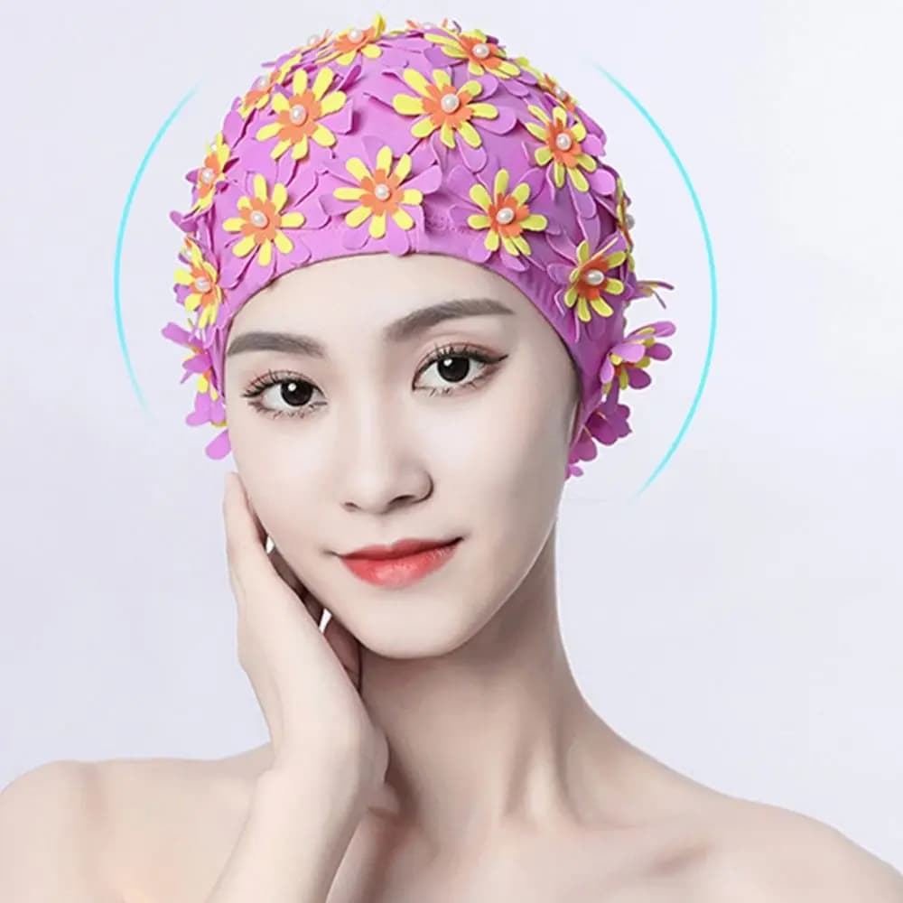 Diving Cap Pearl Floral Petal Swim Cap Long Hair Flower Swimming Hat Lightweight Vintage Style Swimming Cap Water Sports