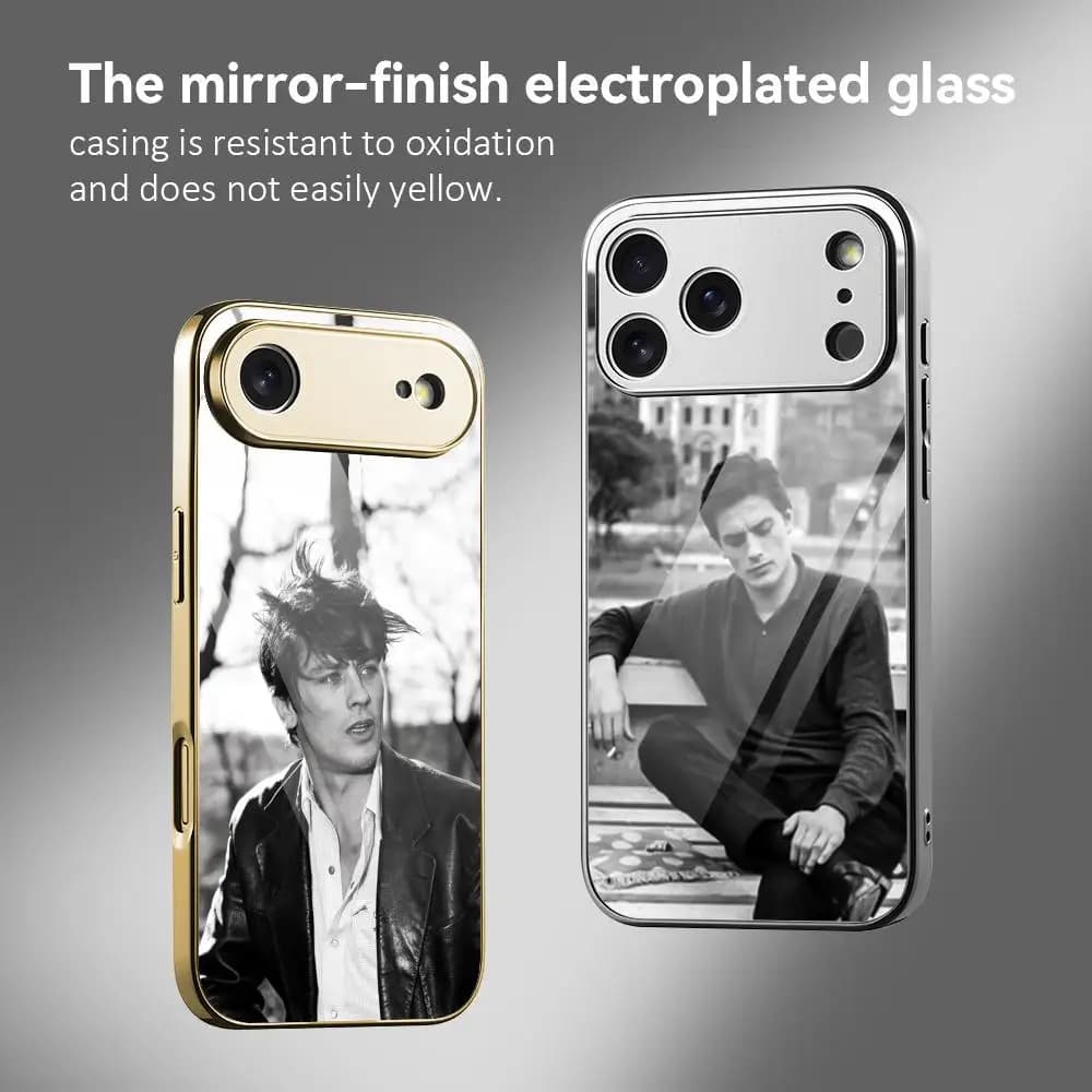 Custodia per telefono A-Alain Delon alla moda per iPhone 17 16 15 14 13 12 Pro Max Plus, con paraurti in metallo galvanizzato e retro in vetro temperato