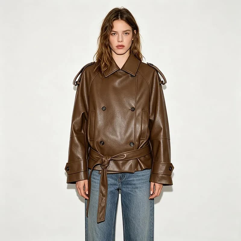 Giacca in Ecopelle da Donna, Primavera 2026, Nuovo Modello Casual a Maniche Lunghe con Cintura, Trench Corto Doppiopetto alla Moda