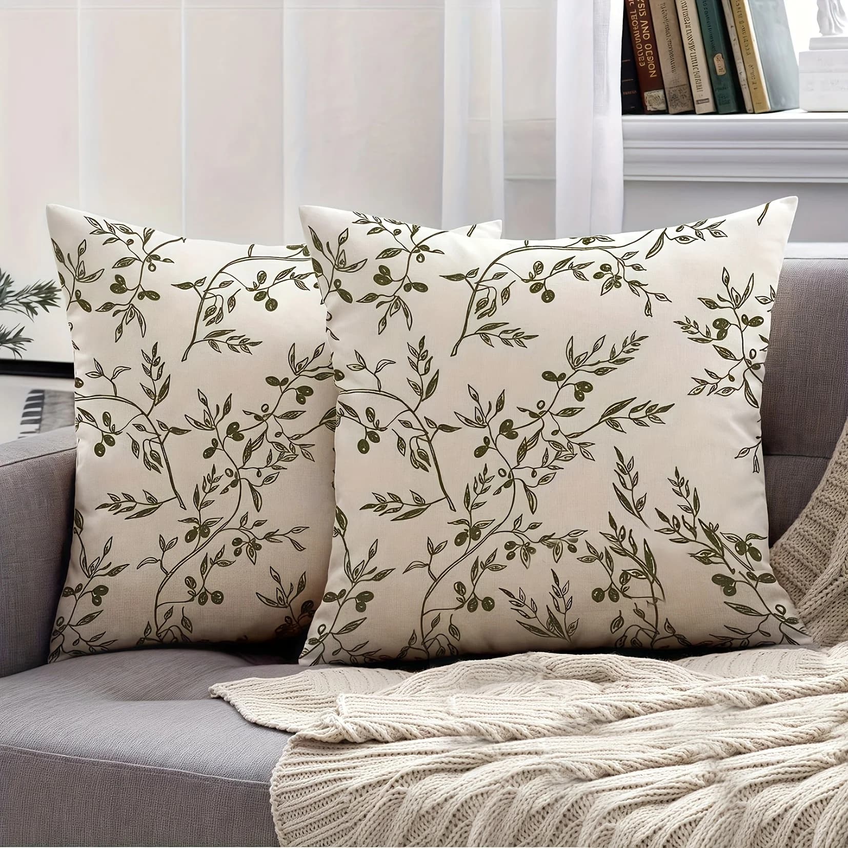 2pcs Olive Branch Print Throw Pillow Covers Farmhouse Decorative Square Cushion Cases for Sofa Bedroom Living Room