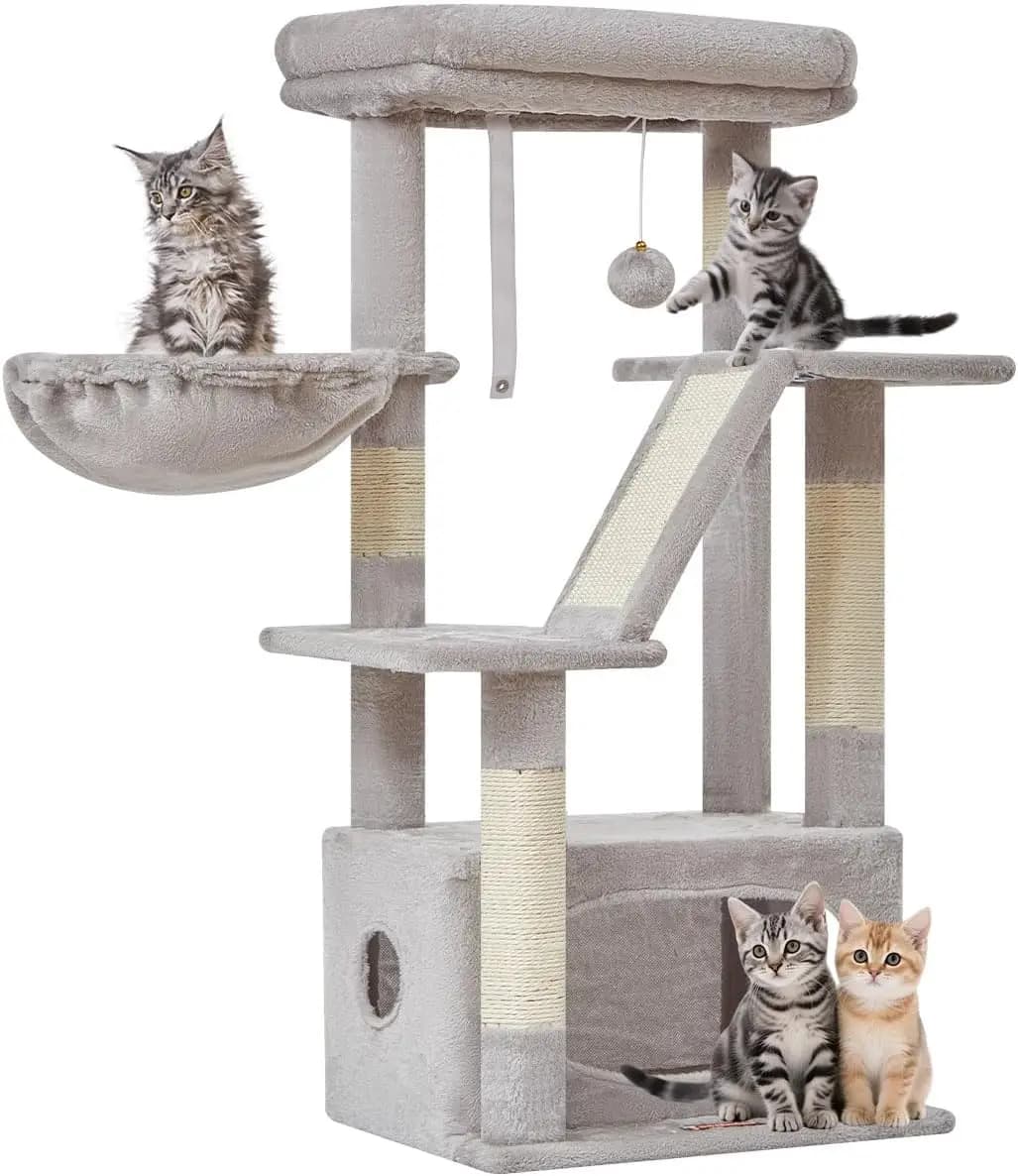 Albero per gatti, torre per gatti da interno da 97 cm, adatta per gattini con lussuosa casetta per gatti con cestini regolabili e