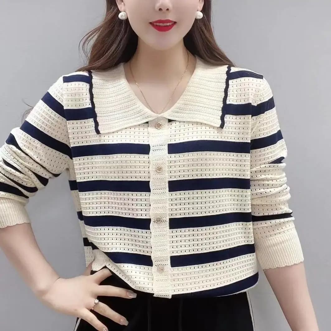 Maglione Sottile a Maniche Lunghe in Maglia con Colletto a Bambola a Righe, Strato Base Taglia Piccola, Collo Risvoltato, Stile Autunnale per il Pendolarismo