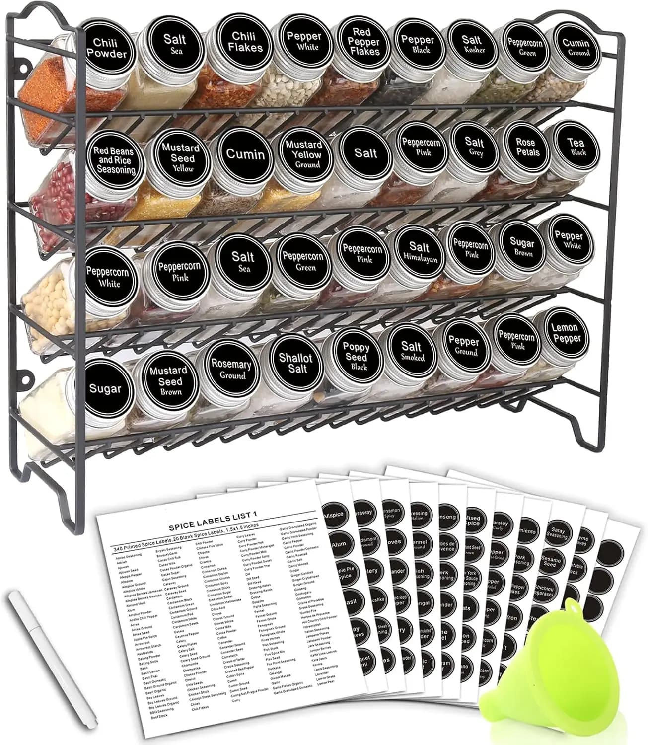 Set di 36 Barattoli per Spezie con Etichette, Pennarello e Imbuto per Montaggio su Piano di Lavoro, Mobile o Parete in Nero