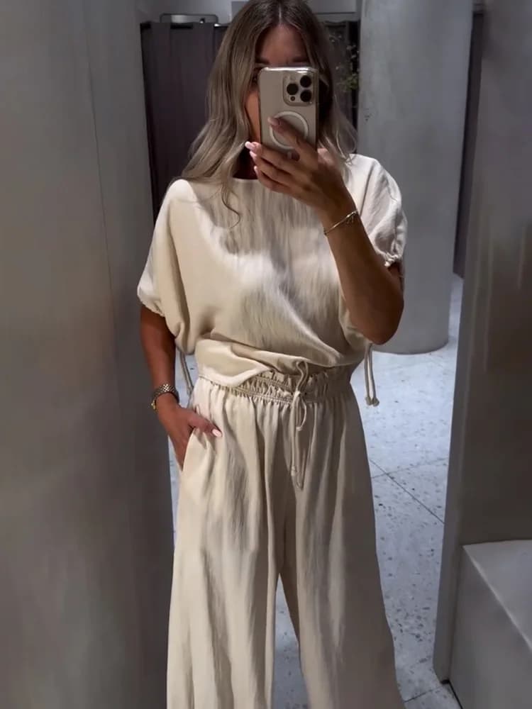 HH Women Solid Fashion Puff Sleeves O-Neck Lace-up Button Shirt+Slim High Waist Drawstring Pajama Style Pants 2-Piece Set