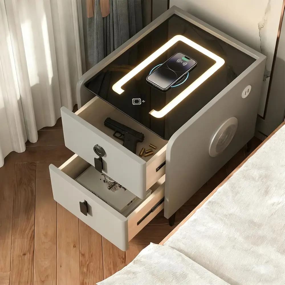 Comodino Intelligente con Serratura a Impronta Digitale, Comodino con Ricarica Wireless, Comodino con 2 Cassetti, 2 USB, Luci LED e Bluetooth