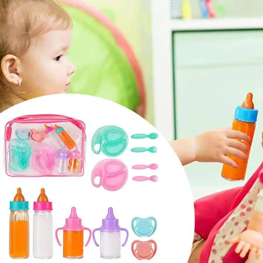 Accessori per bambole Set di biberon per bambole per la cura del bambino Passeggino giocattolo 2 pezzi Bottiglie di latte e succo con ciuccio giocattolo per bambole