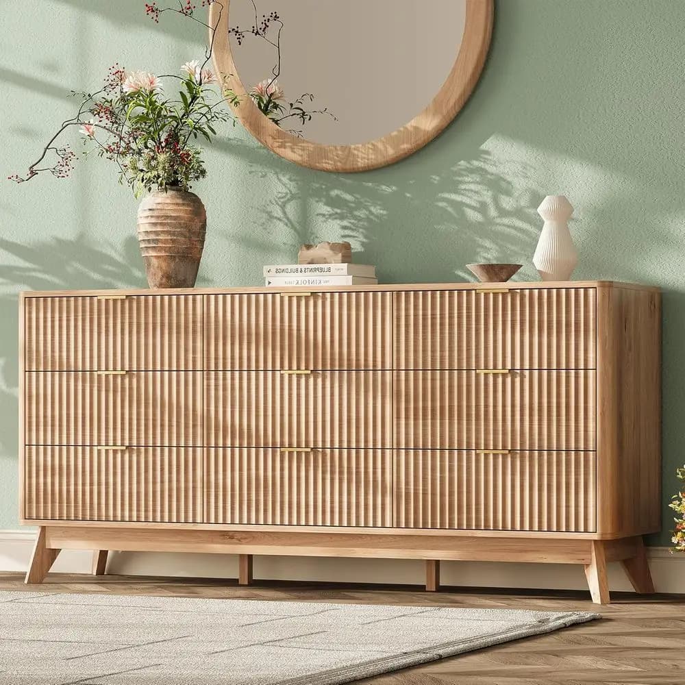 63 Wide 9 Drawer Dresser for Bedroom or Living Room, Rounded Handles, Natural Wood Finish