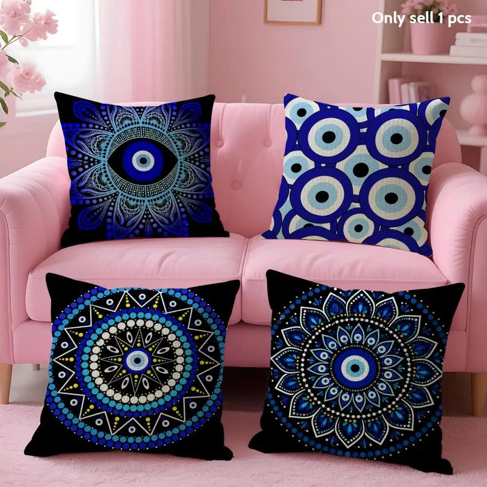 Eye Evil Blue Cushion Cover Natural Linen Organic Fabric Double-Sided Printing Sofa Home Decor Gift Pillow Case