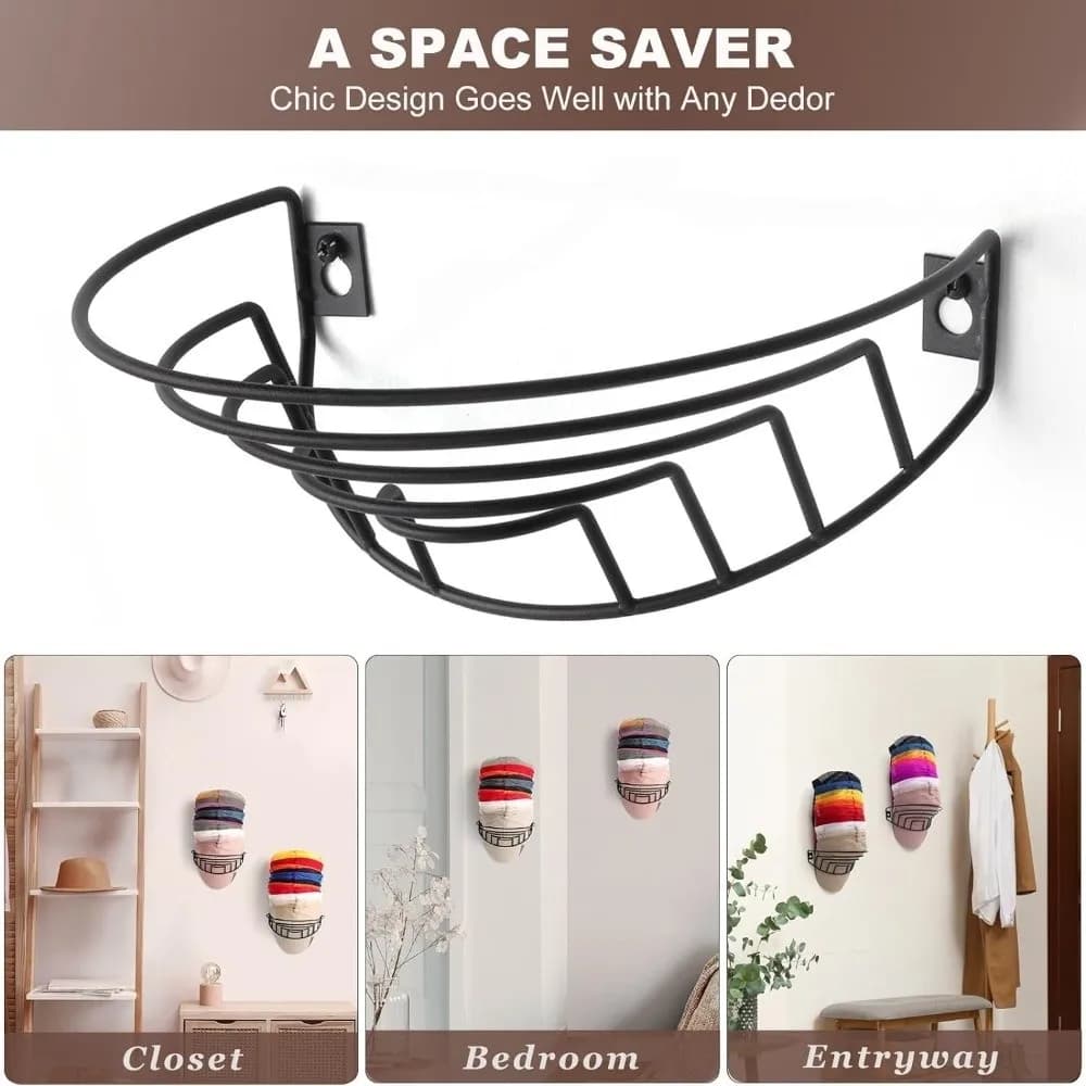 Portacappelli Semplice e Robusto, Espositore Nero per Cappelli da Baseball, Organizzatore in Ferro Stabile da Parete, Decorazione per la Casa