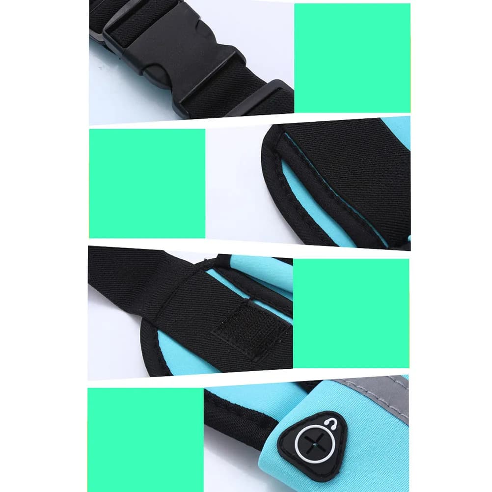 Marsupio Impermeabile Regolabile Nero con Porta Telefono, Portachiavi, Foro per Auricolari e Striscia Riflettente per Corsa, Ciclismo e Viaggi