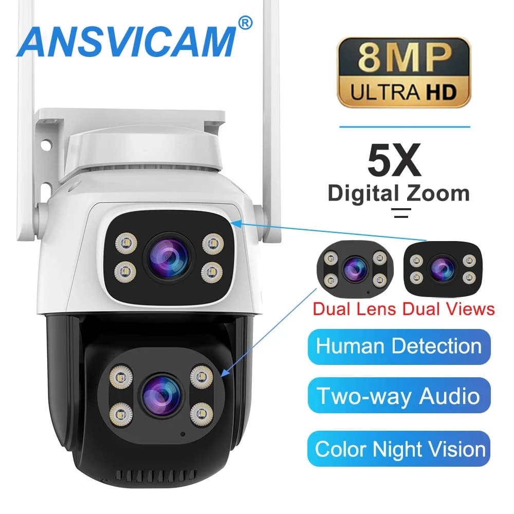 Telecamera di Sicurezza PTZ a Doppia Lente e Doppio Schermo 2K 8MP WiFi per Esterni con Zoom Digitale 5X e Visione Notturna per Sorveglianza Domestica Wireless
