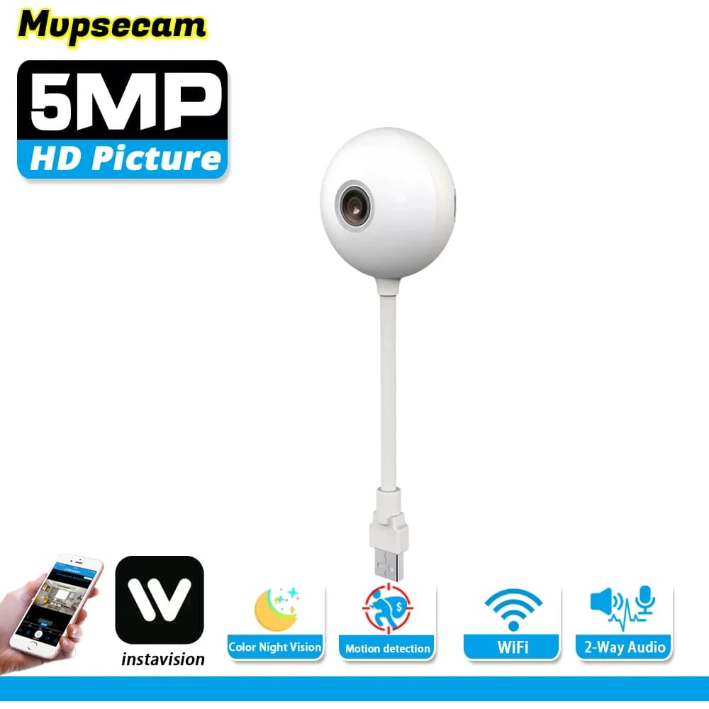 Telecamera WiFi Mini da Interno 5MP, Telecamera USB Wireless a Forma di Lampadina con Rilevamento Movimento, Audio Bidirezionale, P2P, Efficace Monitoraggio Bambini