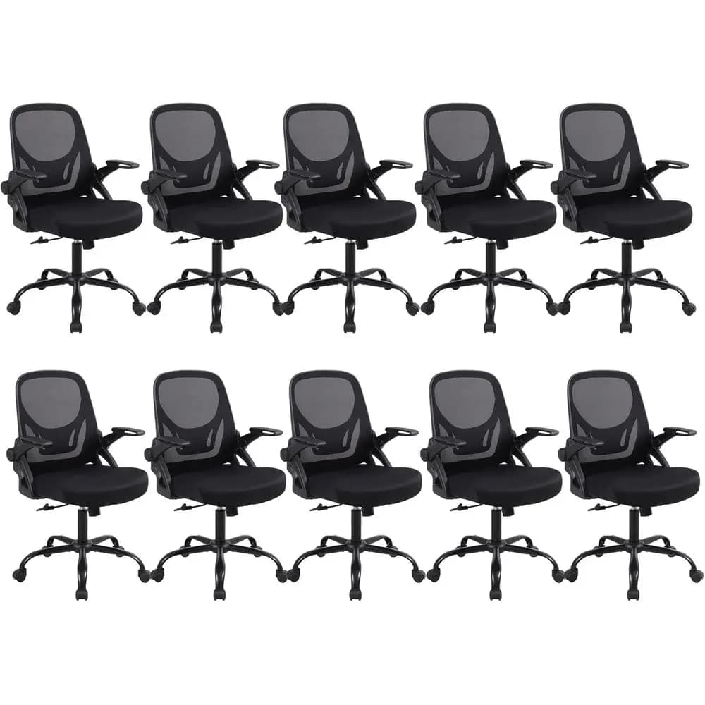 Sedia da ufficio ergonomica in rete con altezza regolabile, ruote, sedile imbottito, braccioli, rotazione a 360°, supporto lombare, nera, 10 pezzi