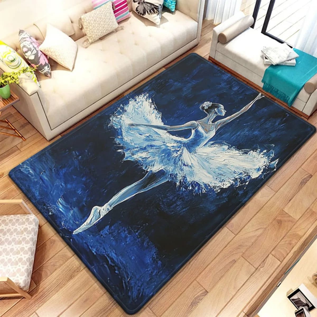 Luxurious Blue Ballet Dancer Art Area Rug for Living Room Home Decoration Modern Dance Studio Mat Chic Floor Covering