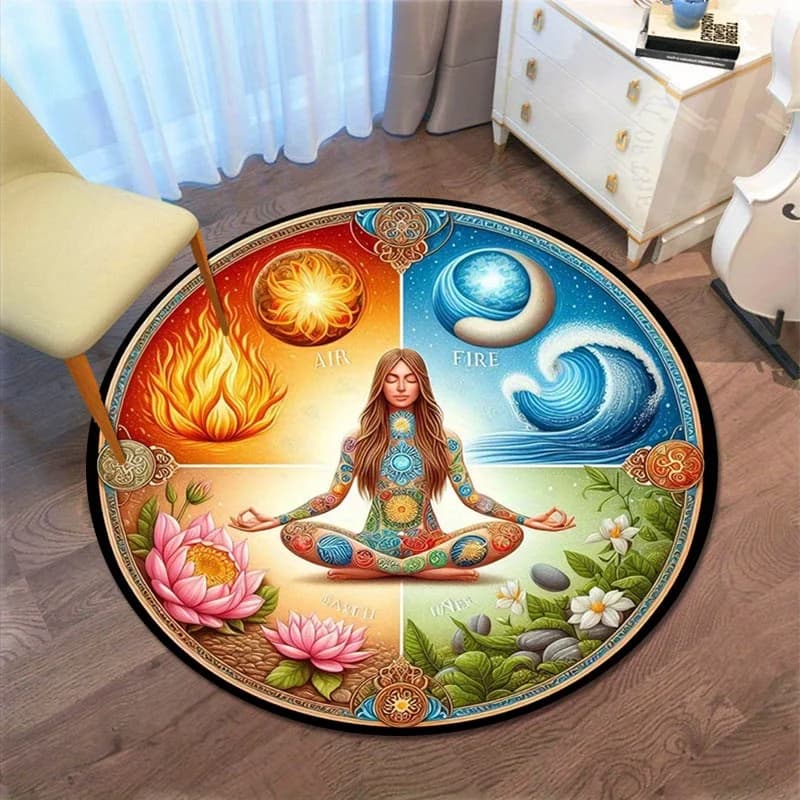 Tappeto rotondo da meditazione Lotus Design con elementi d'acqua e fuoco, tappetino da yoga in velluto di cristallo antiscivolo per soggiorno, camera da letto e arredamento lounge
